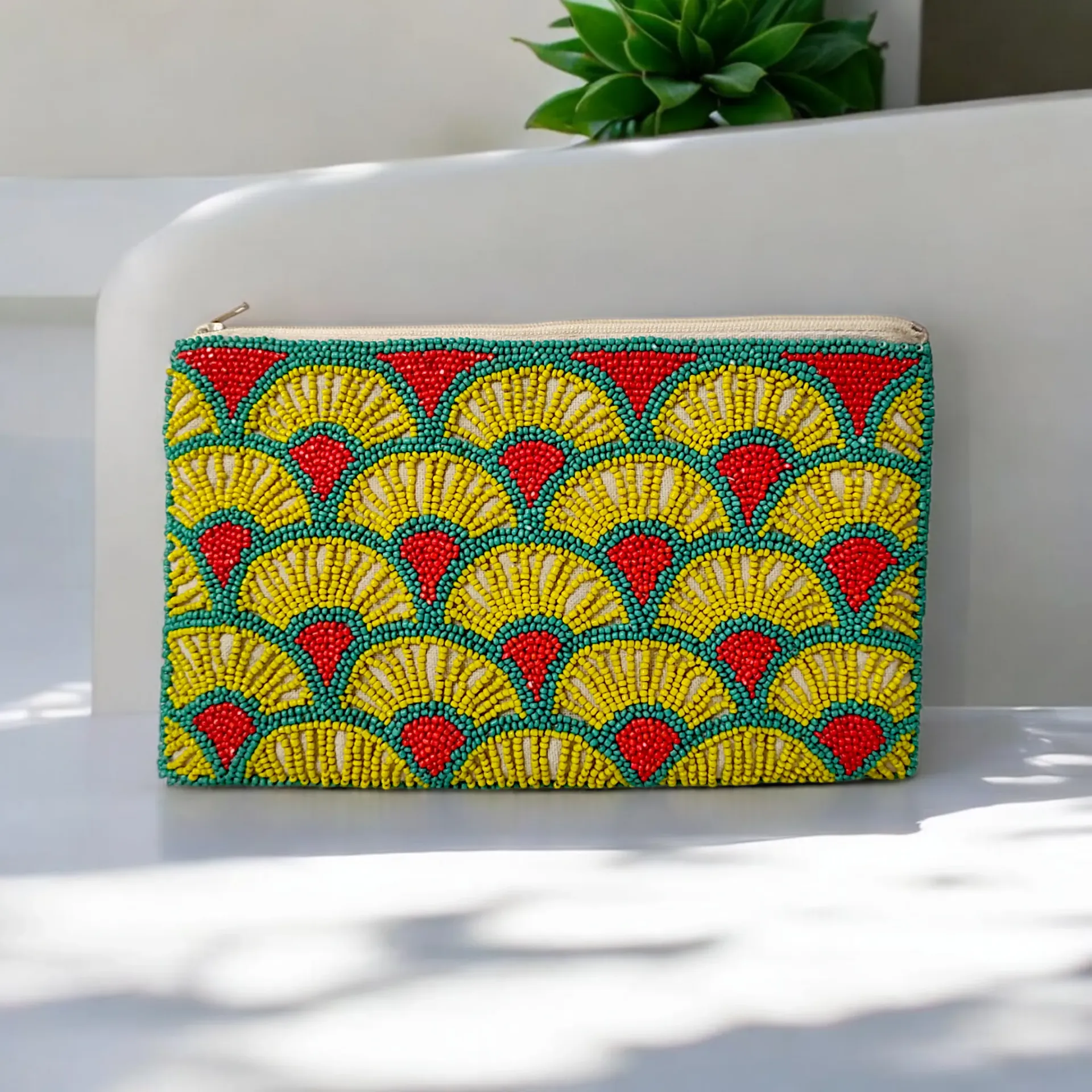 yellow beaded clutch